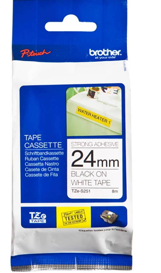 Brother TZe-S251 Black on White 24mm x 8m Strong Adhesive Tapes