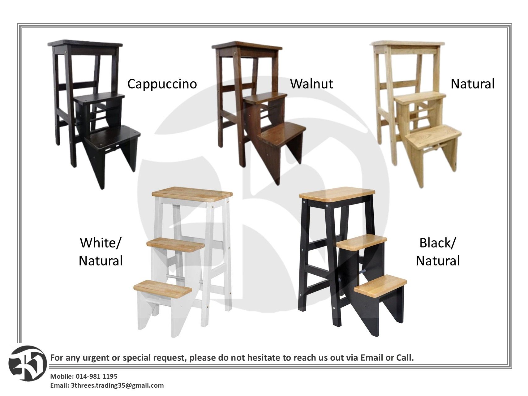 Solid Rubber Wood 3 Step Stool