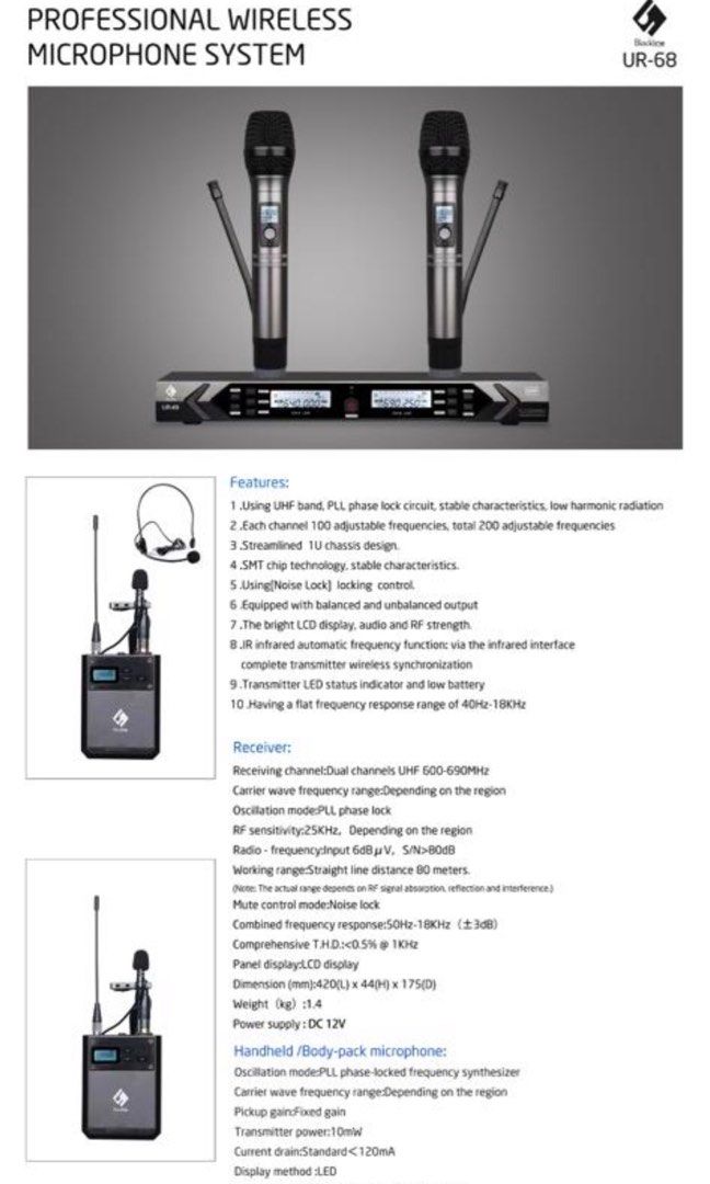 BLACKLINE UR-68MH UHF Dual Handheld Wireless System / UR68 / UR 68