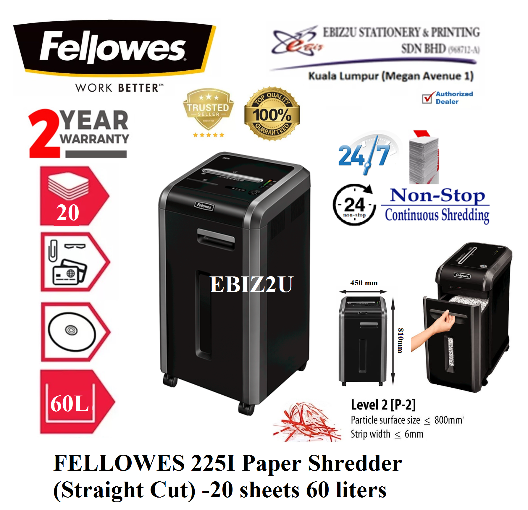 FELLOWES Powershred 225I Paper Shredder (Straight Cut - 5.8mm) -20 sheets (60 liters) (non stop, Strip Cut, Straight Cut, Paper Shredder, Shredder Machine, Mesin Penghancur Kertas, Heavy Duty Shredder, Heavy Duty Paper Shredder)