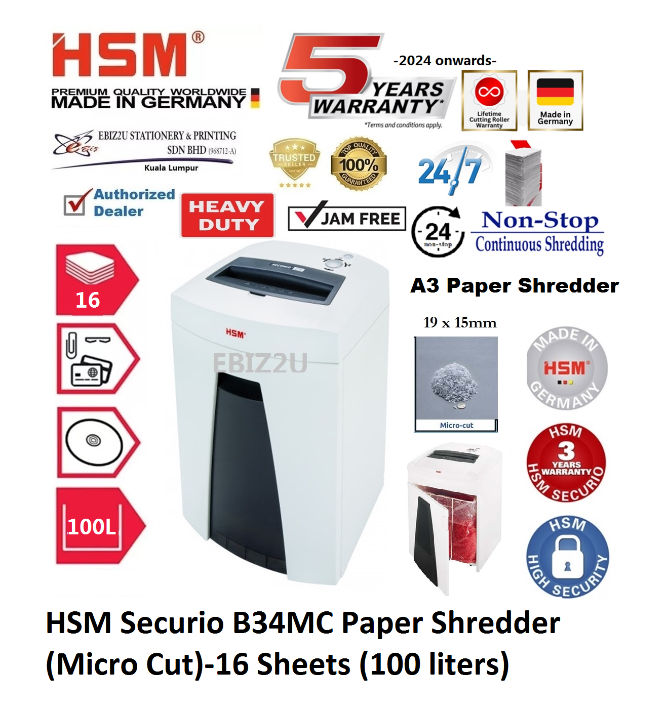 HSM Securio B34 MC Paper Shredder (Micro Cut)-16 Sheets (100 liters) ( B34MC, non stop, Micro Cut, Paper Shredder, Shredder Machine, Office Shredder, Heavy Duty Shredder, Mesin Penghancur Kertas)