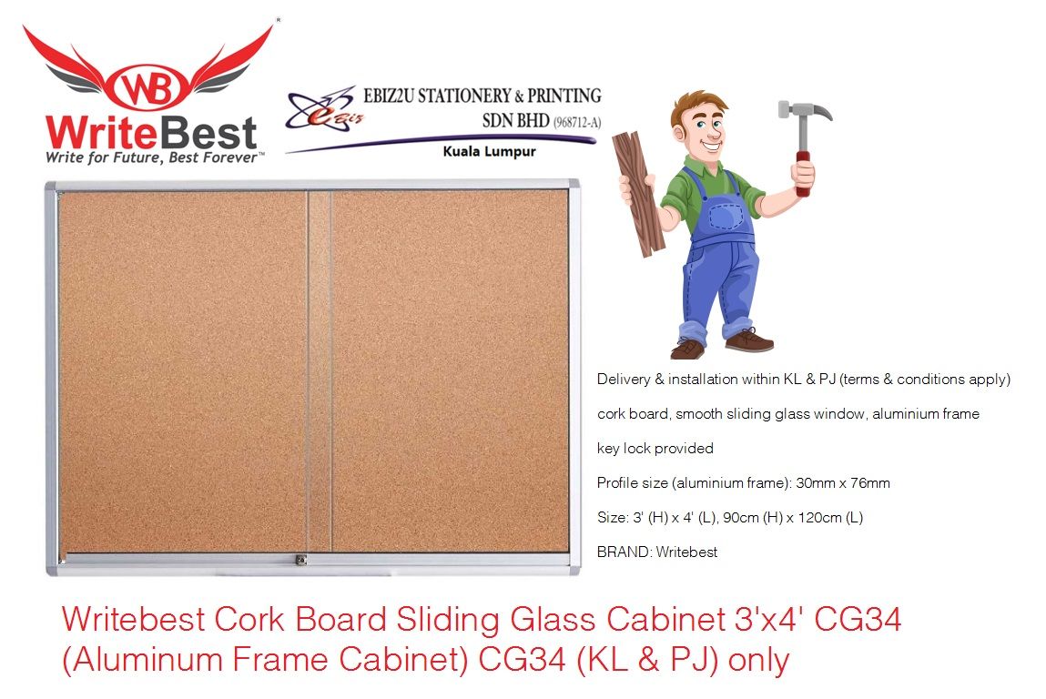 Writebest Cork Board Sliding Glass Cabinet 3'x4' CG34 (Aluminum Frame Cabinet) CG34 (KL & PJ) only