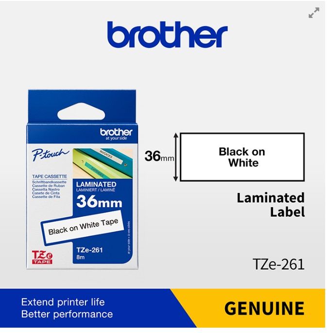 Brother TZE-261 Labelling Tape 36mm x 8m Black on White