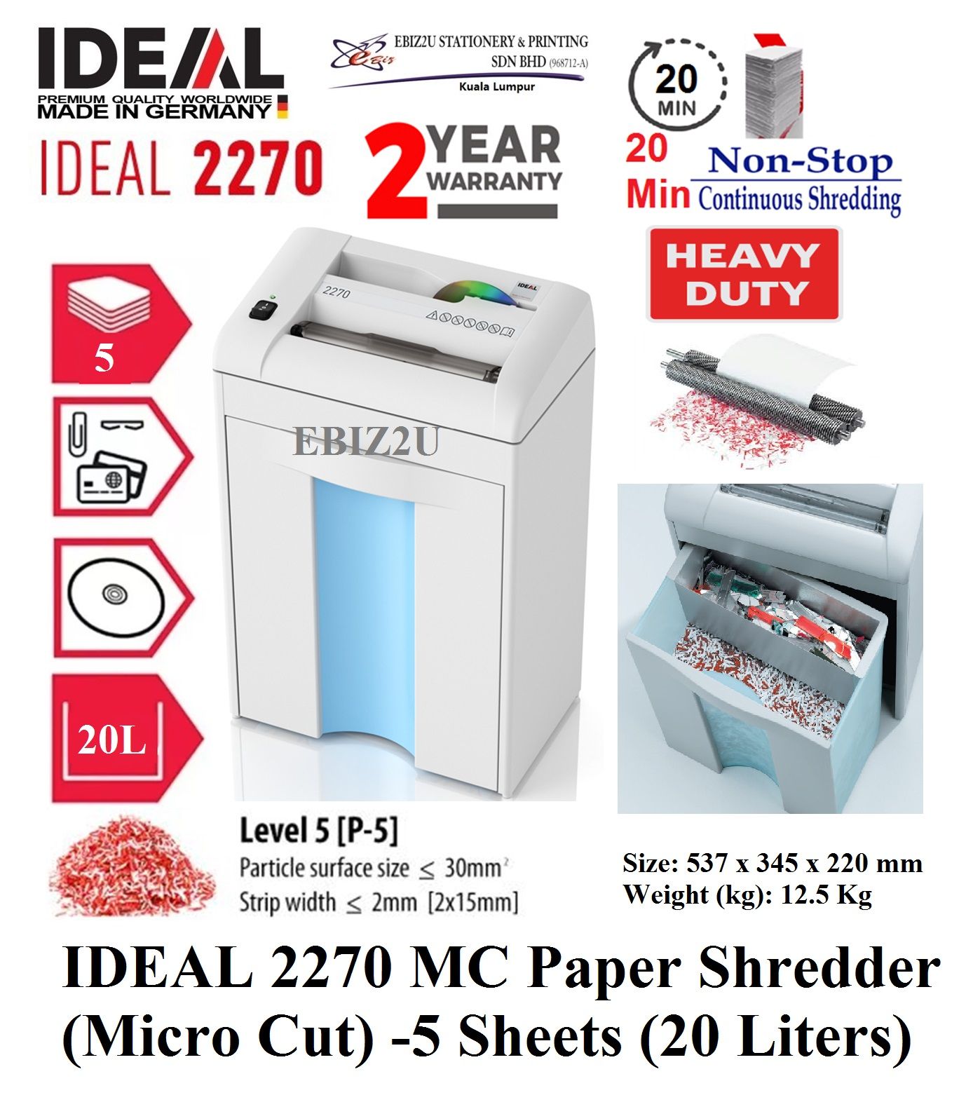 IDEAL 2270 MC Paper Shredder (Micro Cut) -5 Sheets (20 Liters) 2270CC (Micro Cut, Paper Shredder, Shredder Machine, Office Shredder, Heavy Duty Shredder, Mesin Penghancur Kertas)