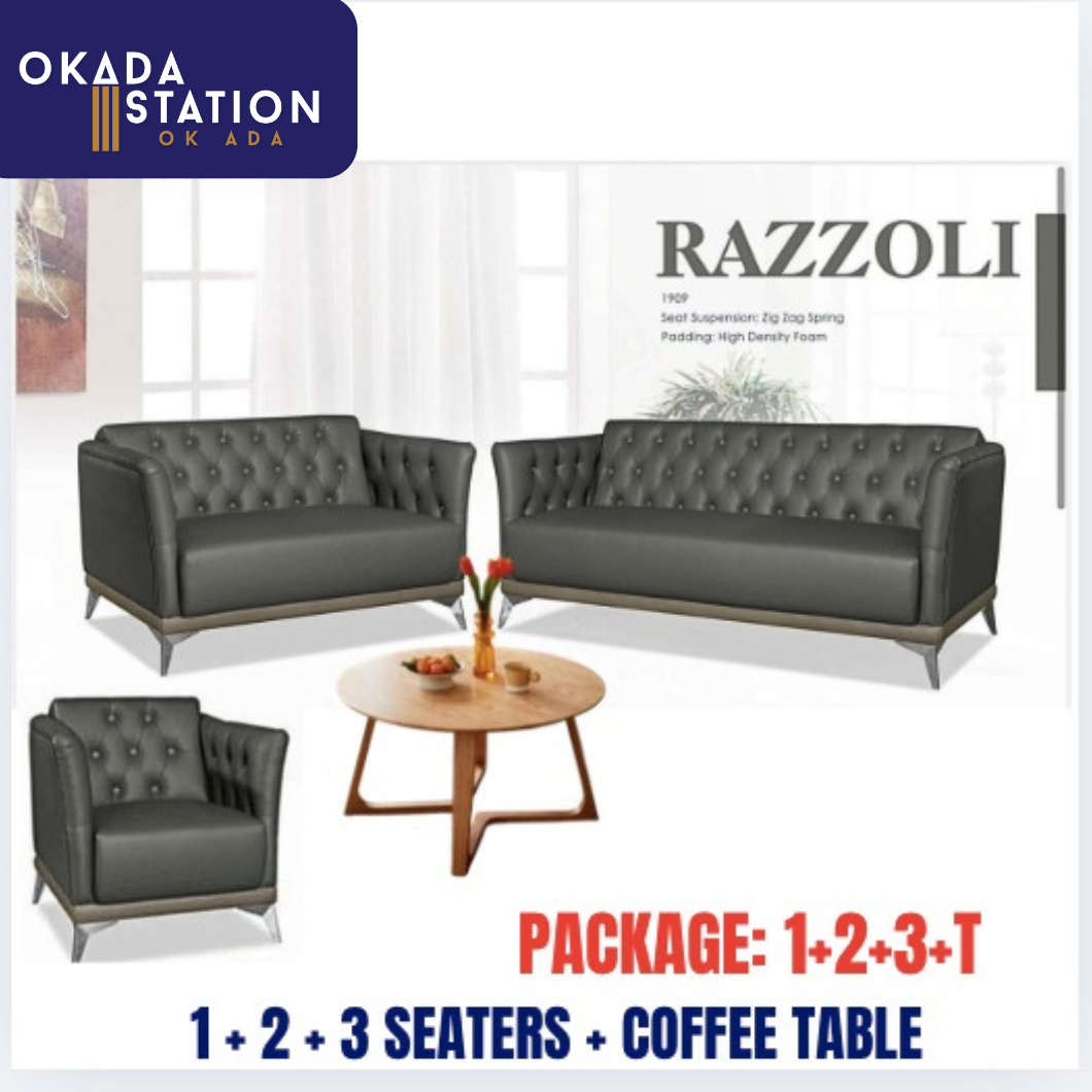 RAZZOLI SERIES OFFICE SOFA SET (1 + 2 + 3 SEATER SOFA) + (COFFEE TABLE) / 3 UNIT SOFA WITH TABLE SET / OFFICE SOFA WITH TABLE / OFFICE SOFA / VISITOR SOFA / SOFA PELAWAT / SOFA PEJABAT / SOFA / PU LEATHER / FABRIC / RAZZOLI 1909