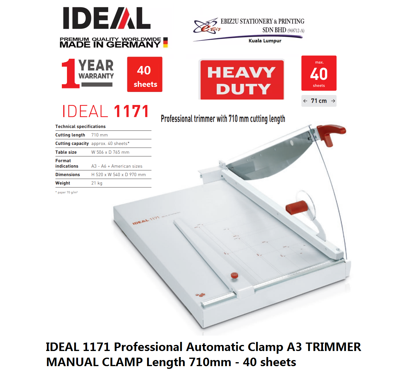 IDEAL 1171 Professional Automatic Clamp A3 TRIMMER MANUAL CLAMP Length 710mm - 40 sheets (Pemotong Kertas, Paper Cutter,
