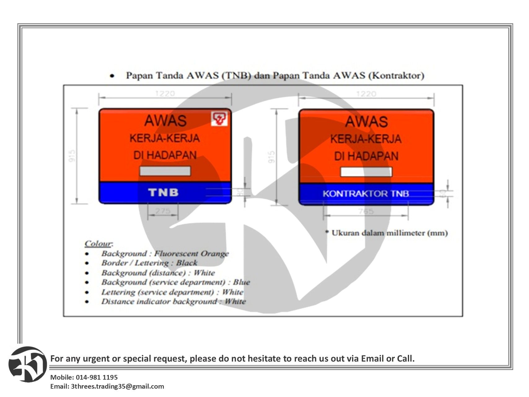 Papan Tanda AWAS (TNB) & Papan Tanda AWAS (Kontraktor) 4ft x 3ft