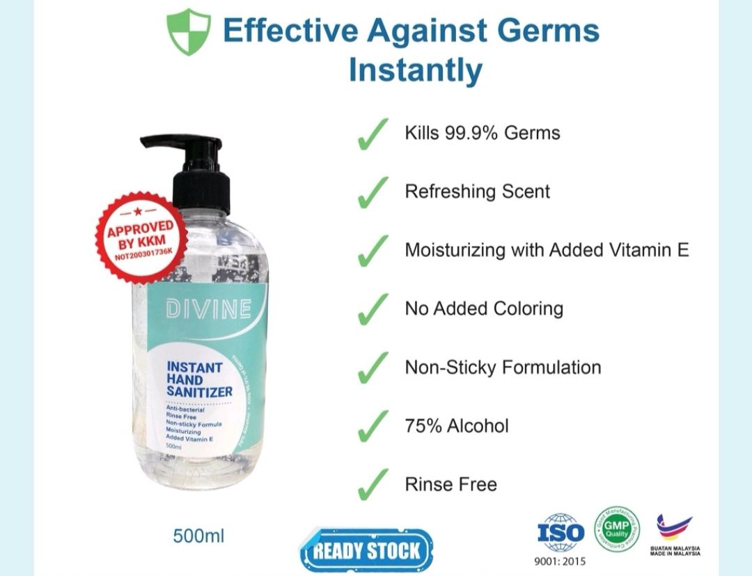 DIVINE (GEL) HAND SANITIZER - 500ML WITH PUMP 75% ALCOHOL