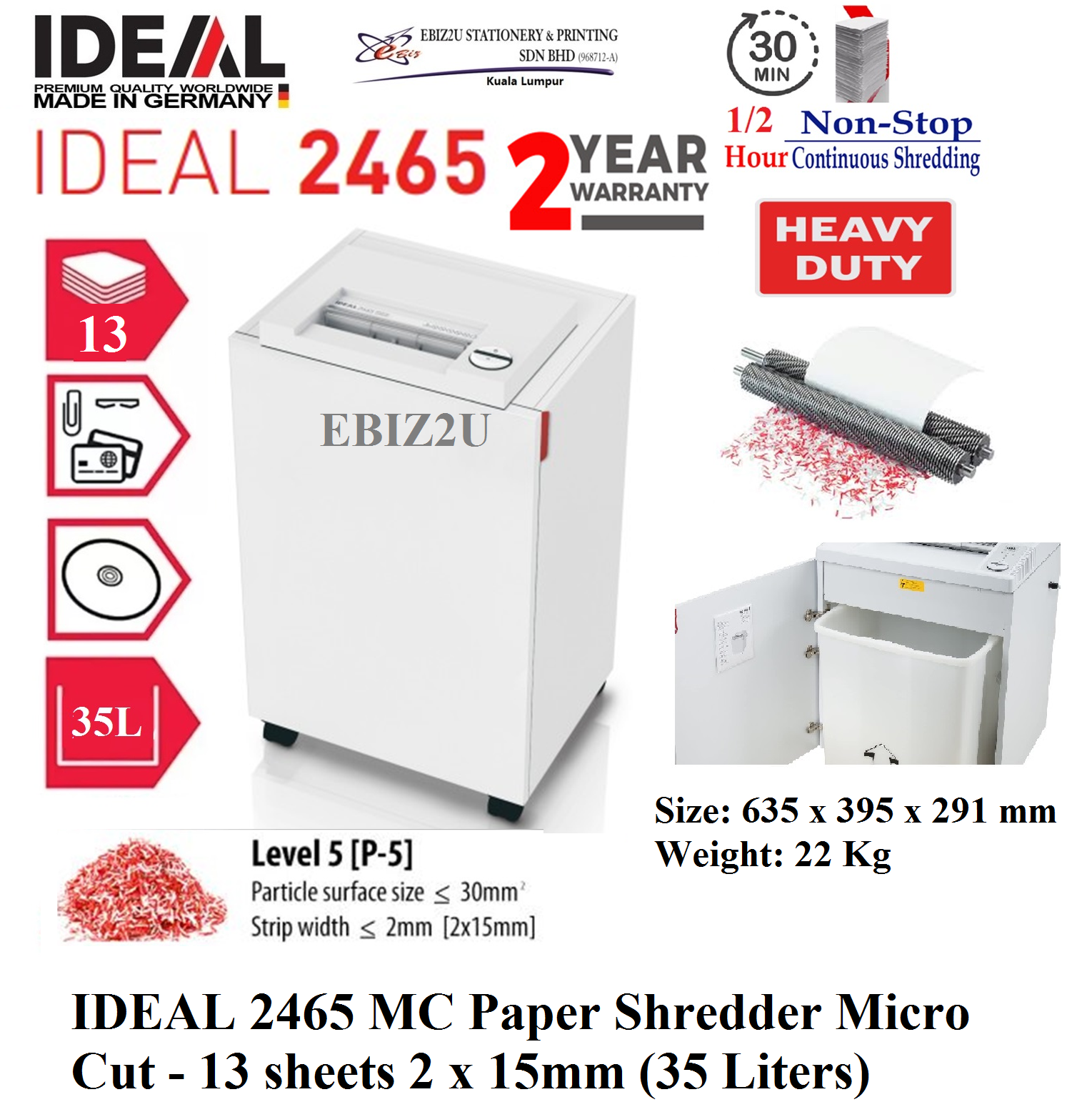 IDEAL 2465 MC Paper Shredder Micro Cut - 13 sheets 2 x 15mm (35 Liters) (1 hour non stop, Micro Cut, Paper Shredder, Shredder Machine, Office Automation, Office Shredder, Mesin Penghancur Kertas, Heavy Duty Shredder, Heavy Duty Paper Shredder)