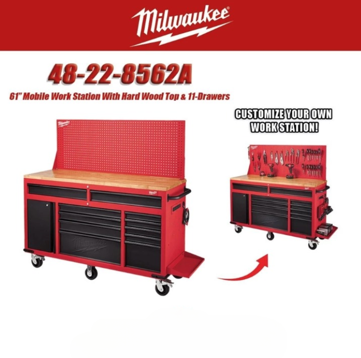 MILWAUKEE 61’’ MOBILE WORK STATION WITH HARD WOOD TOP & 11-DRAWERS WORKBENCH WITH SLIDING PEGBOARD (48-22-8562A)