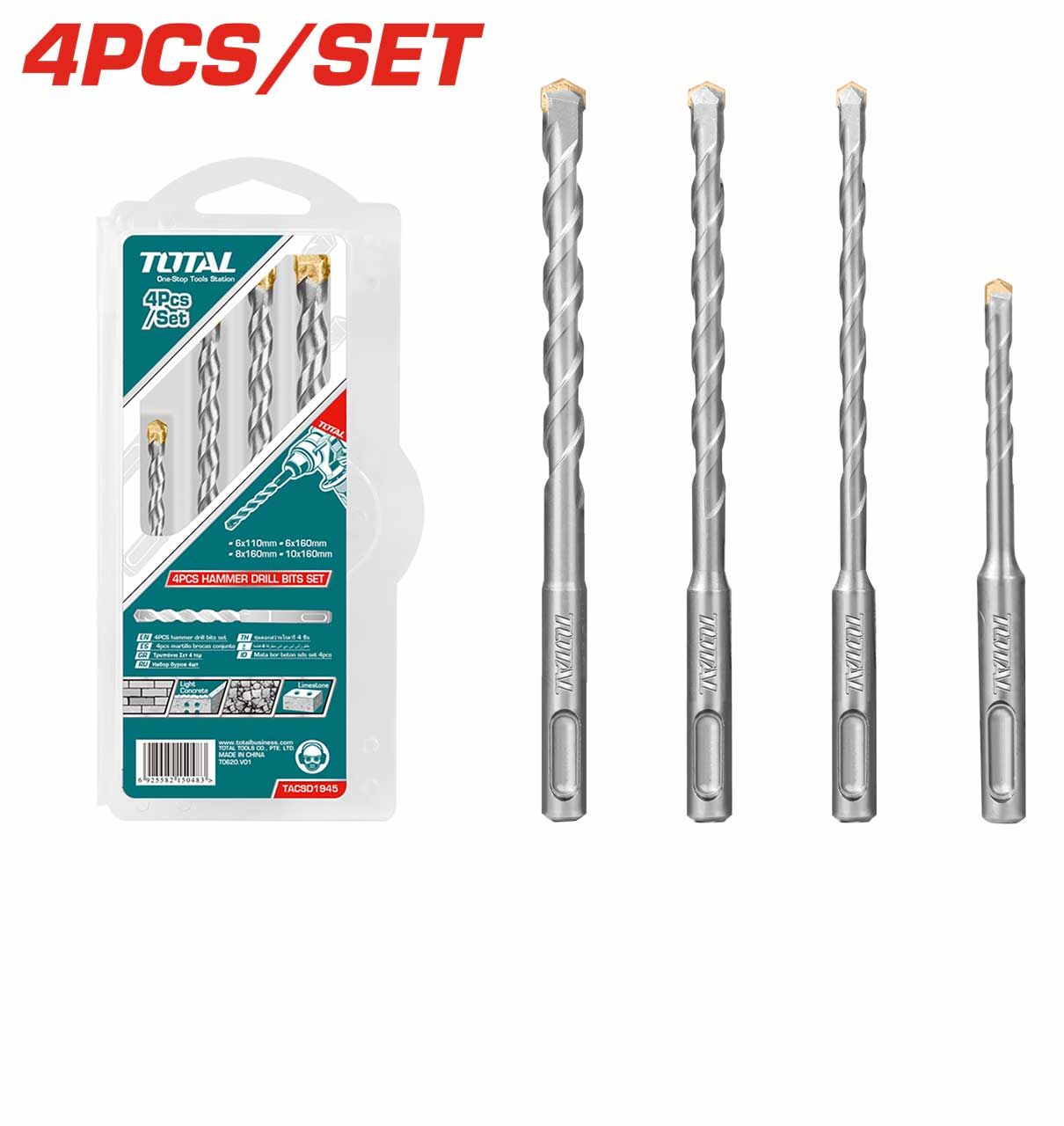 TOTAL 4 PCS HAMMER DRILL BIT SET (6MM GOOD FOR MASONRY & CONCRETE WALLS - TACSD1945
