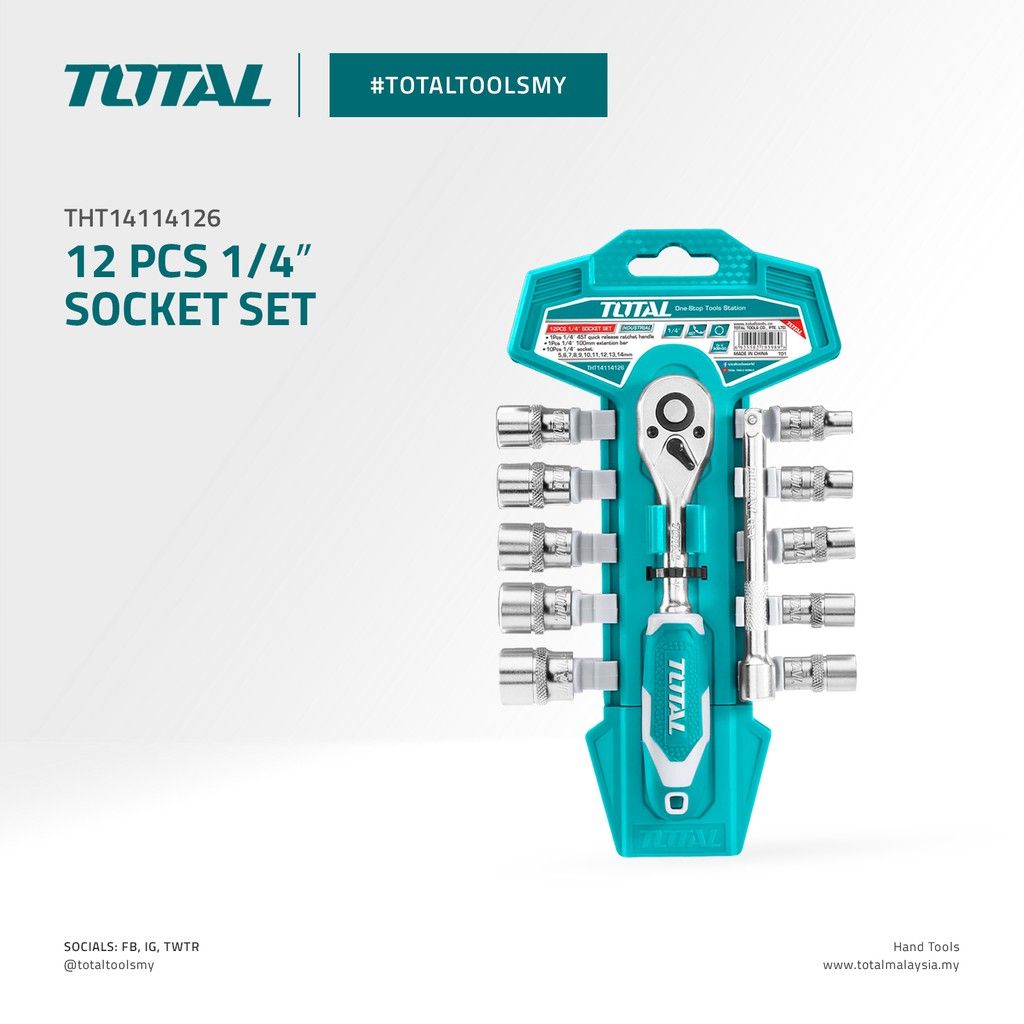 TOTAL SOCKET SET INCLUDING SOCKETS (5MM-14MM/10 PCS) + QUICK RELEASE RATCHET HANDLE + BAR THT14114126