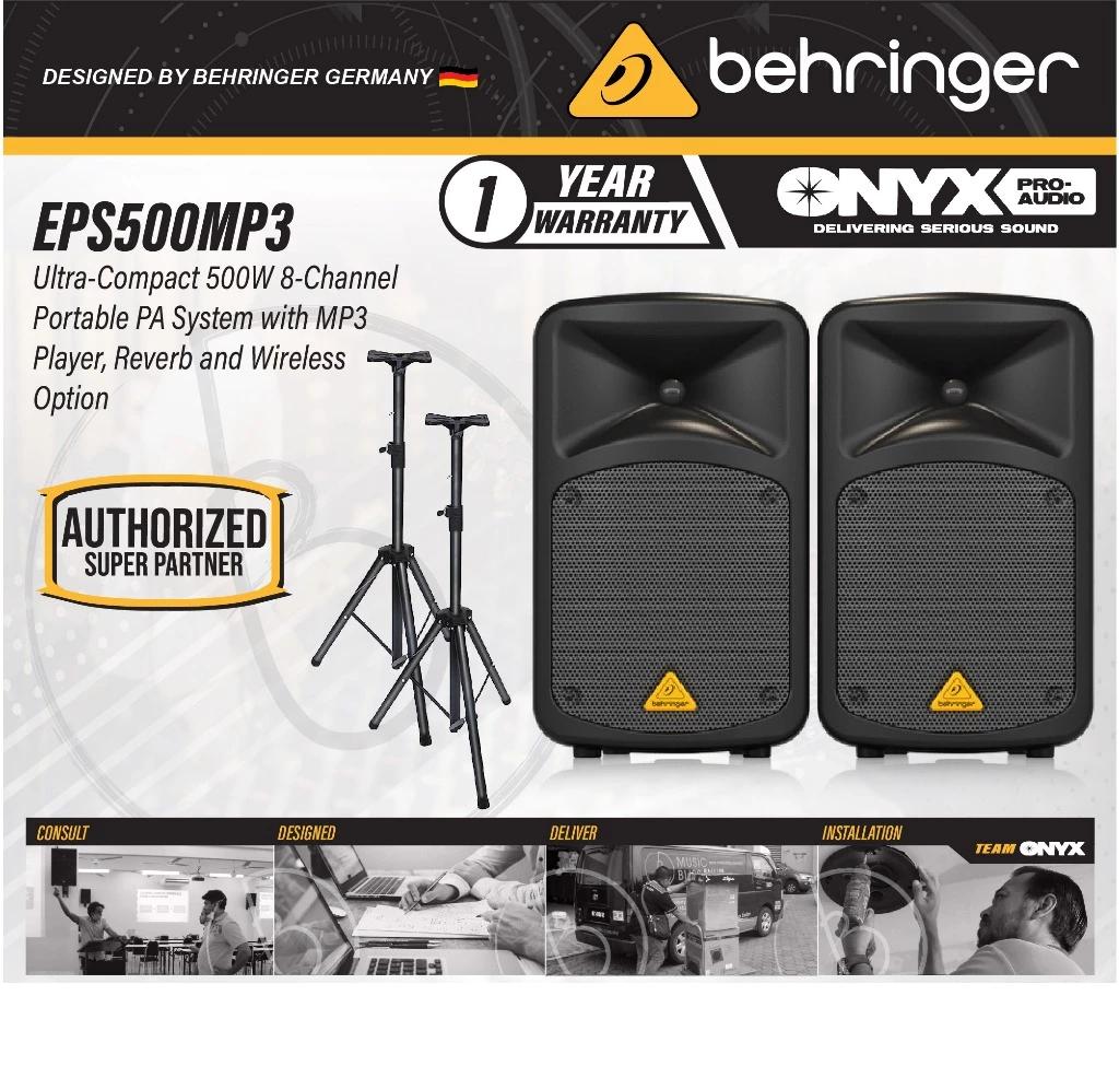Behringer Europort EPS500MP3 500W 8-Channel Portable PA System with Speaker Stands‎ (EPS-500MP3 / EPS 500MP3)