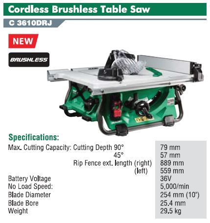 HIKOKI C 3610DRJ CORDLESS BRUSHLESS TABLE SAW 10"