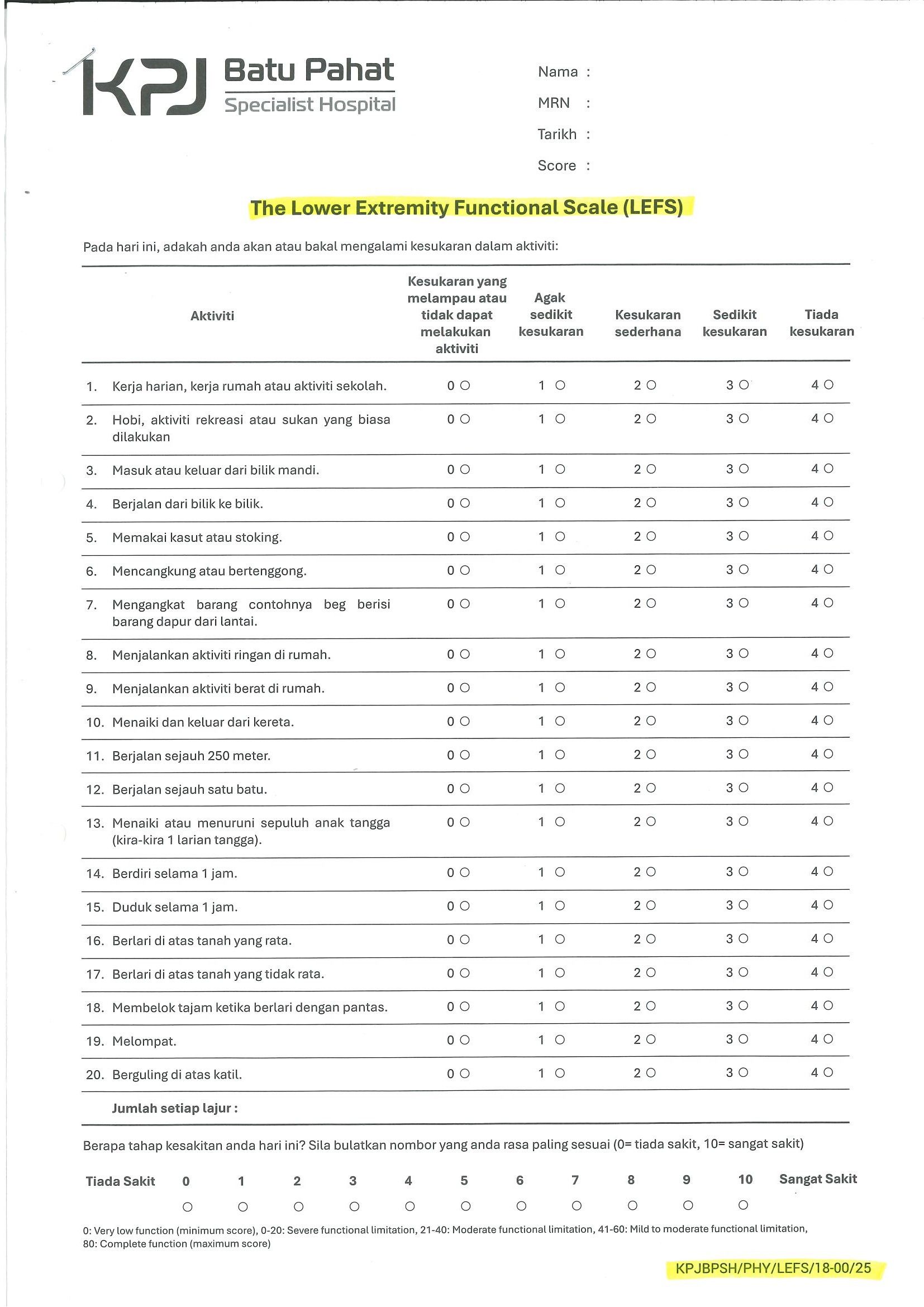 The Lower Extremity Functional Scale (LEFS)