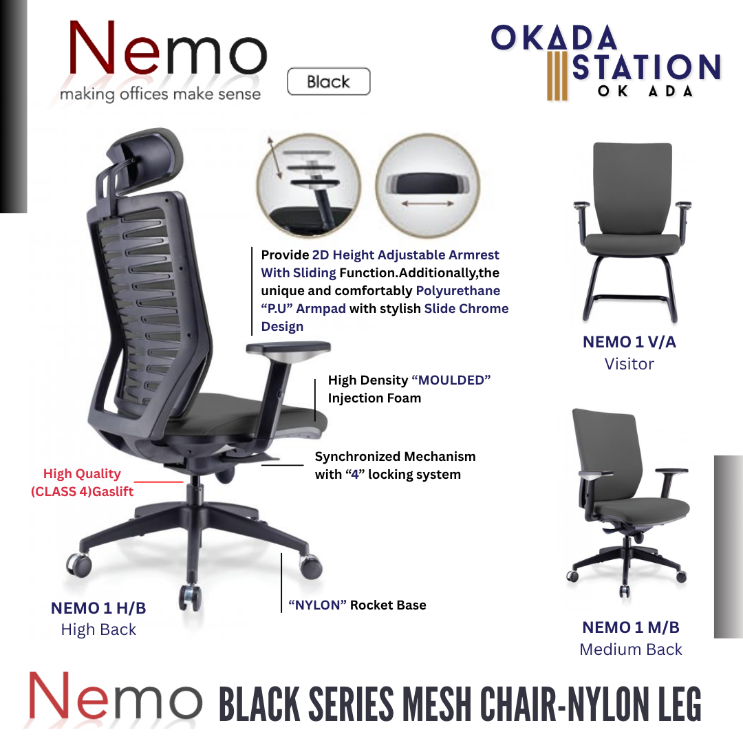NEMO 1 ERGONOMIC OFFICE CHAIR - ALL SIZE / BLACK SERIES / OFFICE CONFERENCE CHAIR / OFFICE SWIVEL CHAIR / ERGONOMIC CHAIR / EXECUTIVE CHAIR / DIRECTOR CHAIR / OFFICE CHAIR / NYLON BASE / FABRIC / PU LEATHER / NEMO 1