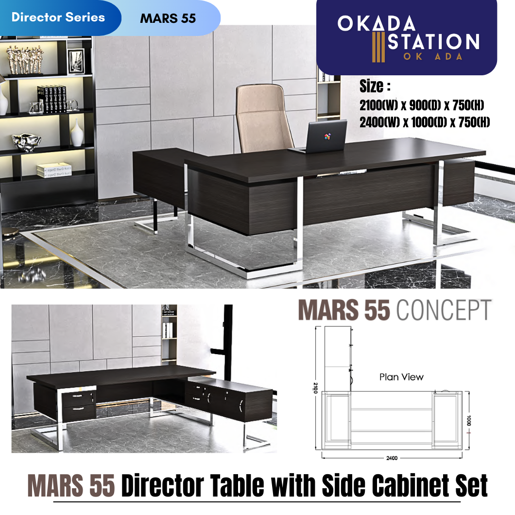 FOX(MATRIX SYSTEM) MARS 55 DIRECTOR TABLE WITH SIDE CABINET (CHROME LEG) - (TABLE ONLY) / FOX / MATRIX SYSTEM / MARS 55-2100 / MARS 55-2400 / TABLE ONLY / TABLE WITH SIDE CABINET / L-SHAPE TABLE / OFFICE TABLE / DIRECTOR TABLE / MEJA PEJABAT / MEJA JADUAL PENGARAH / 21