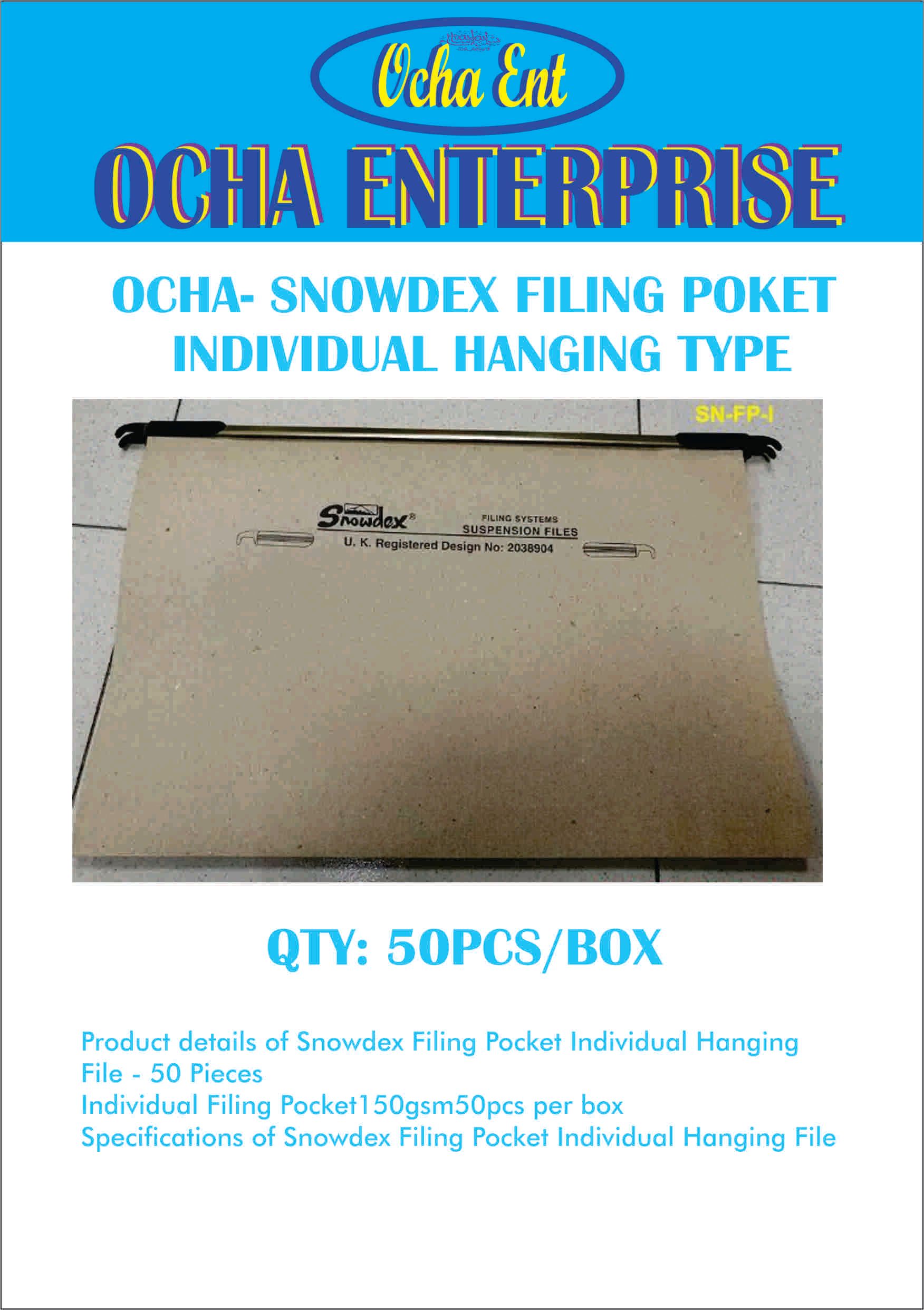 OCHA Snowdex Filing Pocket Individual Hanging File - 50 Pieces