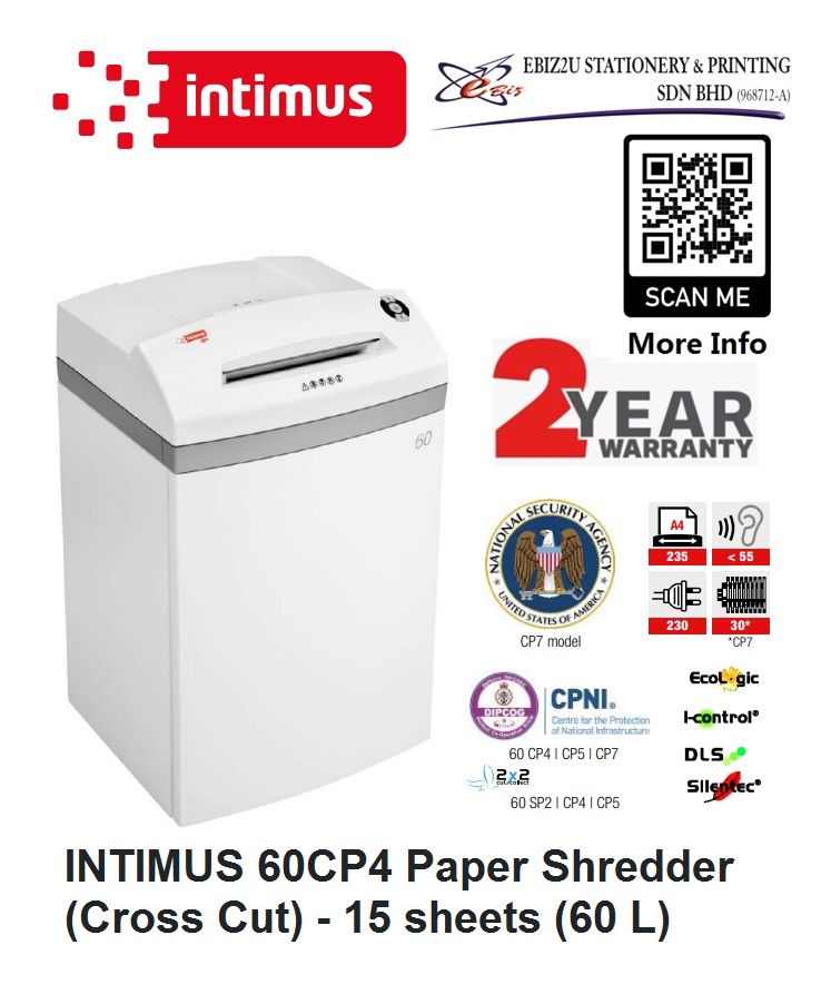 INTIMUS 60CP4 Paper Shredder (Cross Cut) - 15 sheets (60 L) Paper Shredder,Shredder Machine, Office Automation, Office Shredder, Mesin Penghancur Kertas, Heavy Duty Shredder, Heavy Duty Paper Shredder