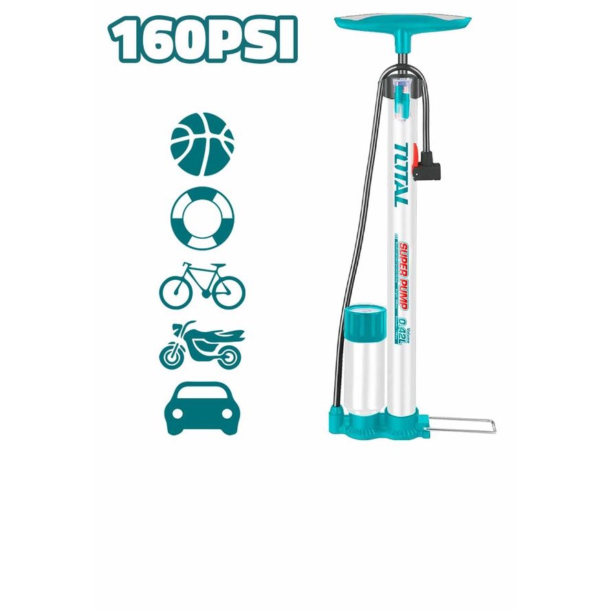 TOTAL TMPP3811 HAND PUMP (READING AVAILABLE IN ‘BAR’ AND ‘PSI’ UNITS. THIS HEAD FITS PRESTA SCHRADER AND DUNLOP VALVES.)