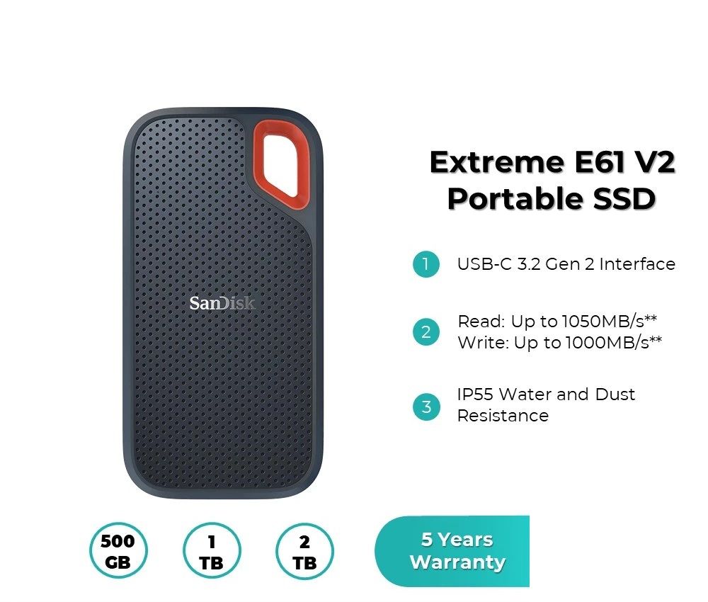 SanDisk E61 Extreme 500GB / 1TB / 2TB / 4TB External SSD Portable SSD Type-C with USB 3.0 Adapter