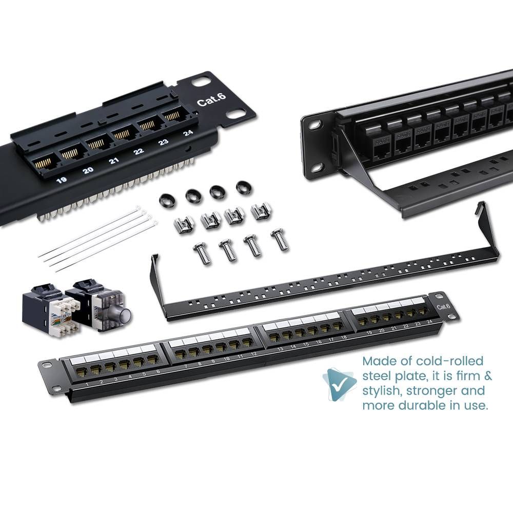 24 PORTS CAT5E CAT6 CAT6A CAT7 CAT8 RJ45 19" 1U RACKMOUNT PATCH PANEL WITH HOLDER