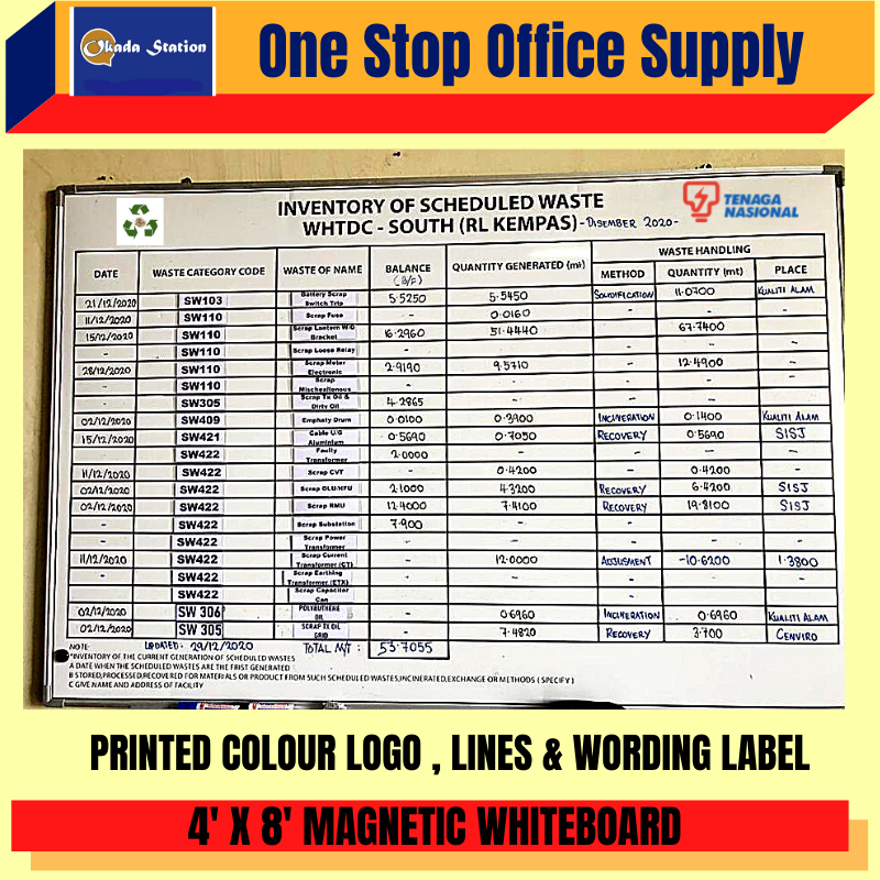 4' X 8' MAGNETIC WHITEBOARD WITH PRINTED LINES & WORDING & LOGO. / WHITEBOARD / MAGNETIC