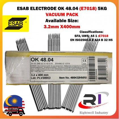 RIGHTWELL ESAB WELDING ELECTRODE OK 48.04 (E7018) 5KG AVAILABLE SIZE: 2.5MM/3.2MM X350MM