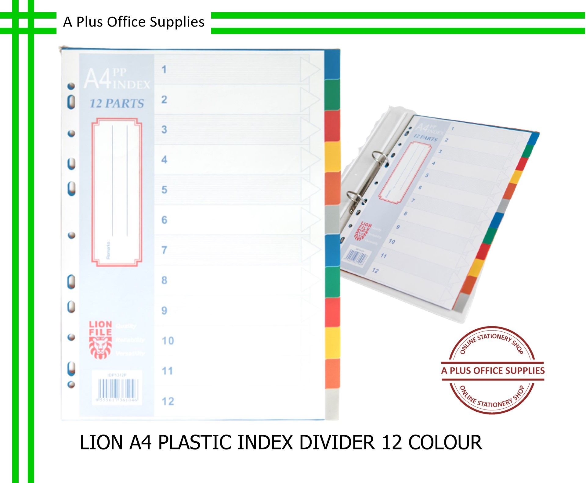 LION A4 Plastic Index Divider / Pembahagi - 12 Colour