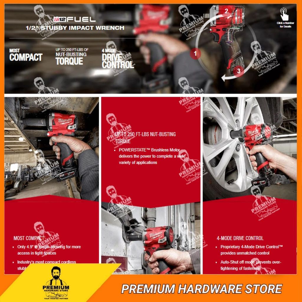 MILWAUKEE M12 FUEL GEN II 1/2"339Nm Stubby Impact Wrench with Friction Ring(Tool Only)