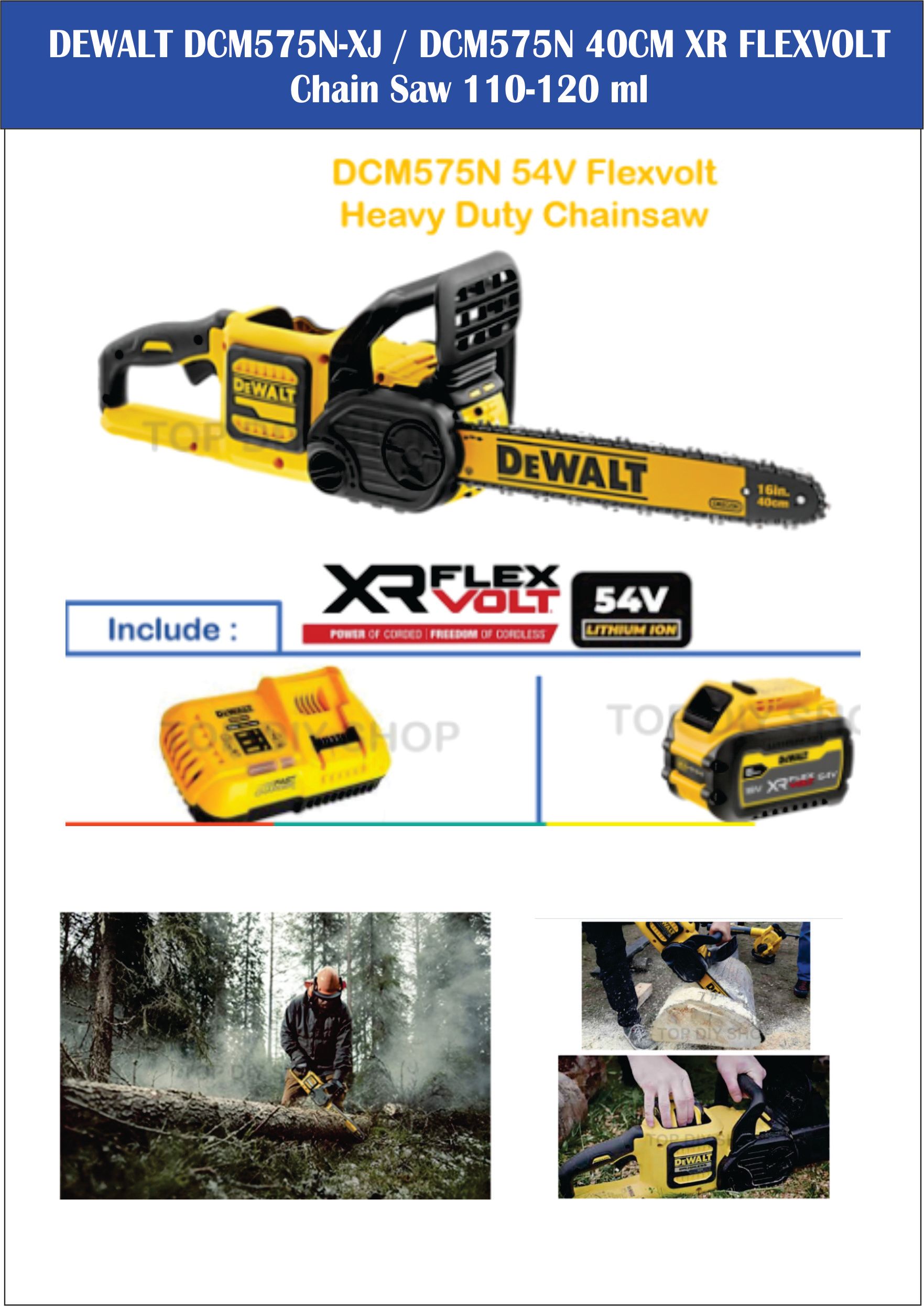 DEWALT DCM575N-XJ 40CM( 16" BLADE ) XR FLEXVOLT Chain Saw 110-120 ml- CORDLESS USE BATTERY