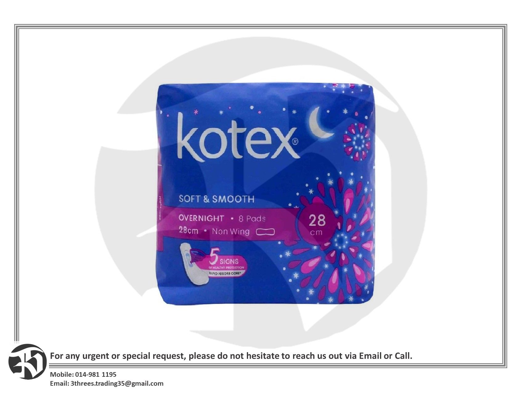 KOTEX Soft & Smooth Overnight Non Wing (8s x 28cm)