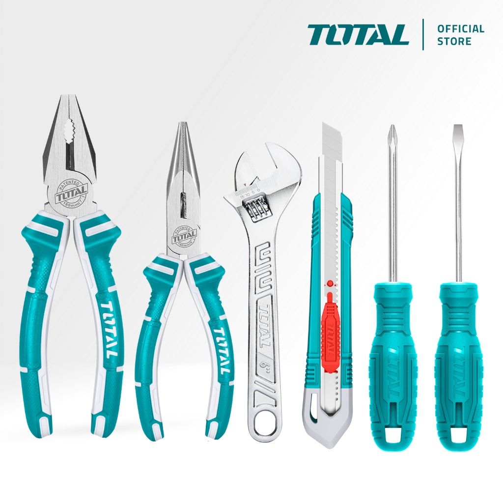 TOTAL HAND TOOLS SET WITH PLIERS + SCREWDRIVER (SL5.5/PH1) + ADJUSTABLE WRENCH + BLADE KNIFE + BAG (7 PCS) THKTHP91076