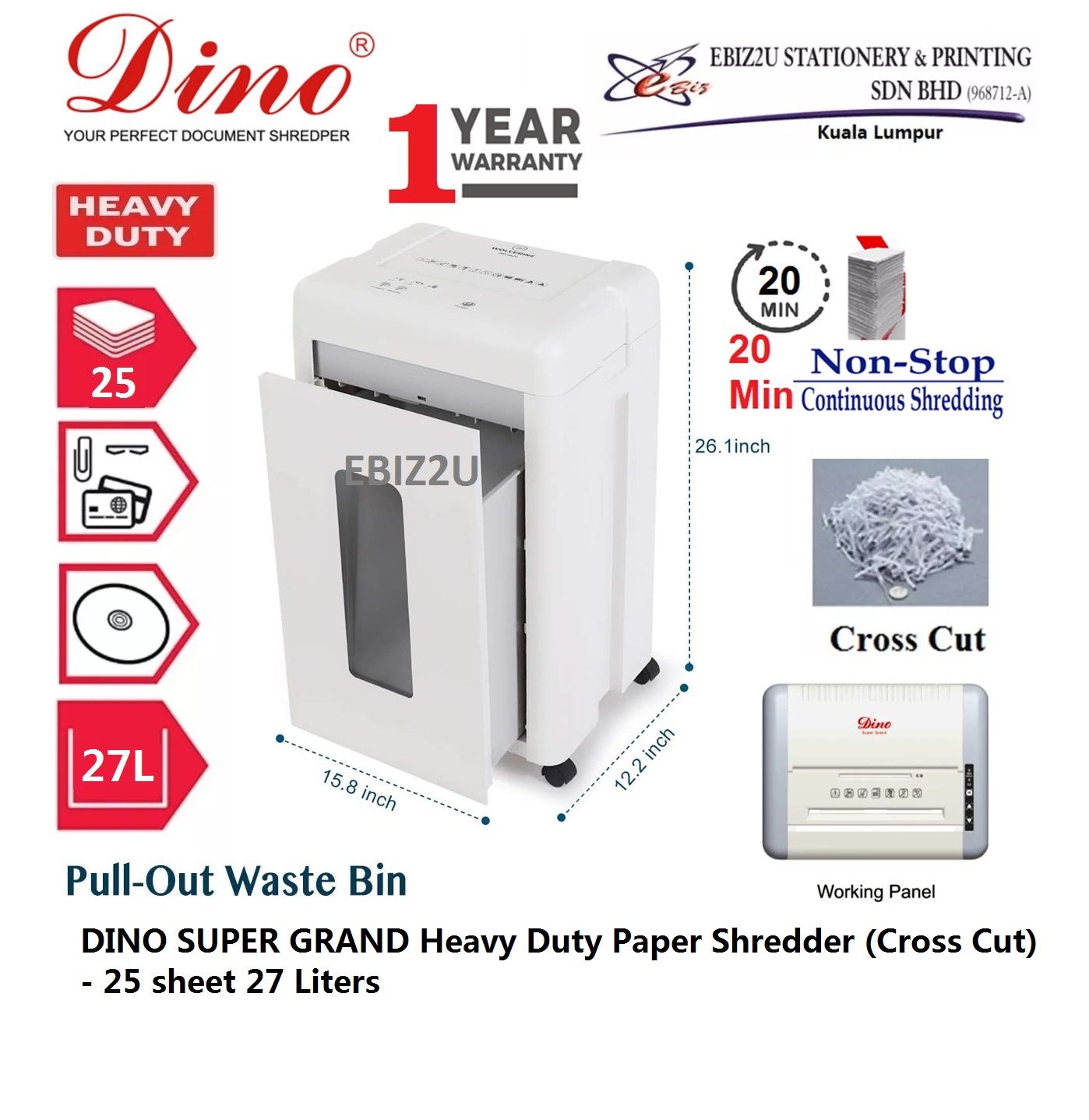 DINO SUPER GRAND Heavy Duty Paper Shredder (Cross Cut) - 25 sheets 27 Liters (Cross Cut, Paper Shredder, Shredder Machine, Office Shredder, Heavy Duty Shredder, Mesin Penghancur Kertas)