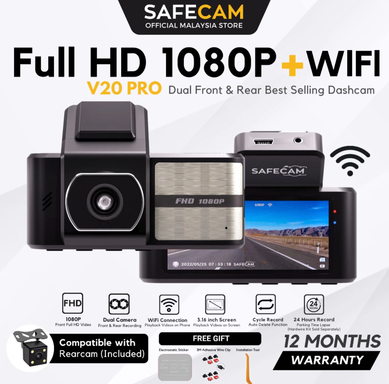 Safecam Dashcam Pro Front Rear Cam Dual Cameras Full HD 1080P WIFI Dashcam Night Free 64G memory Card