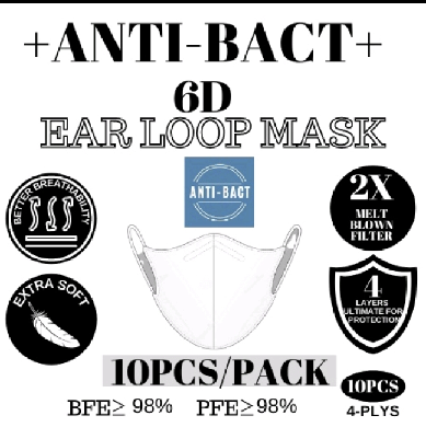 ANTI-BACT+ PREMIUM 6D 4PLY PROTECTIVE EARLOOP FACE MASK [10PCS/PACK]