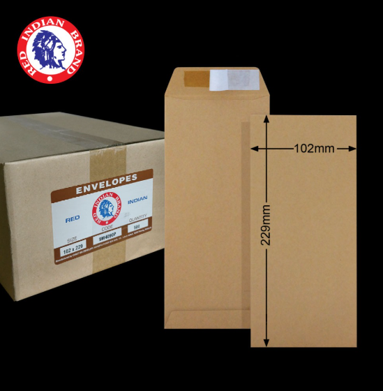 4"X9" RED INDIAN 90GM BROWN MANILA P&S POCKET ENVELOPE (500'S X 2 BOXES)