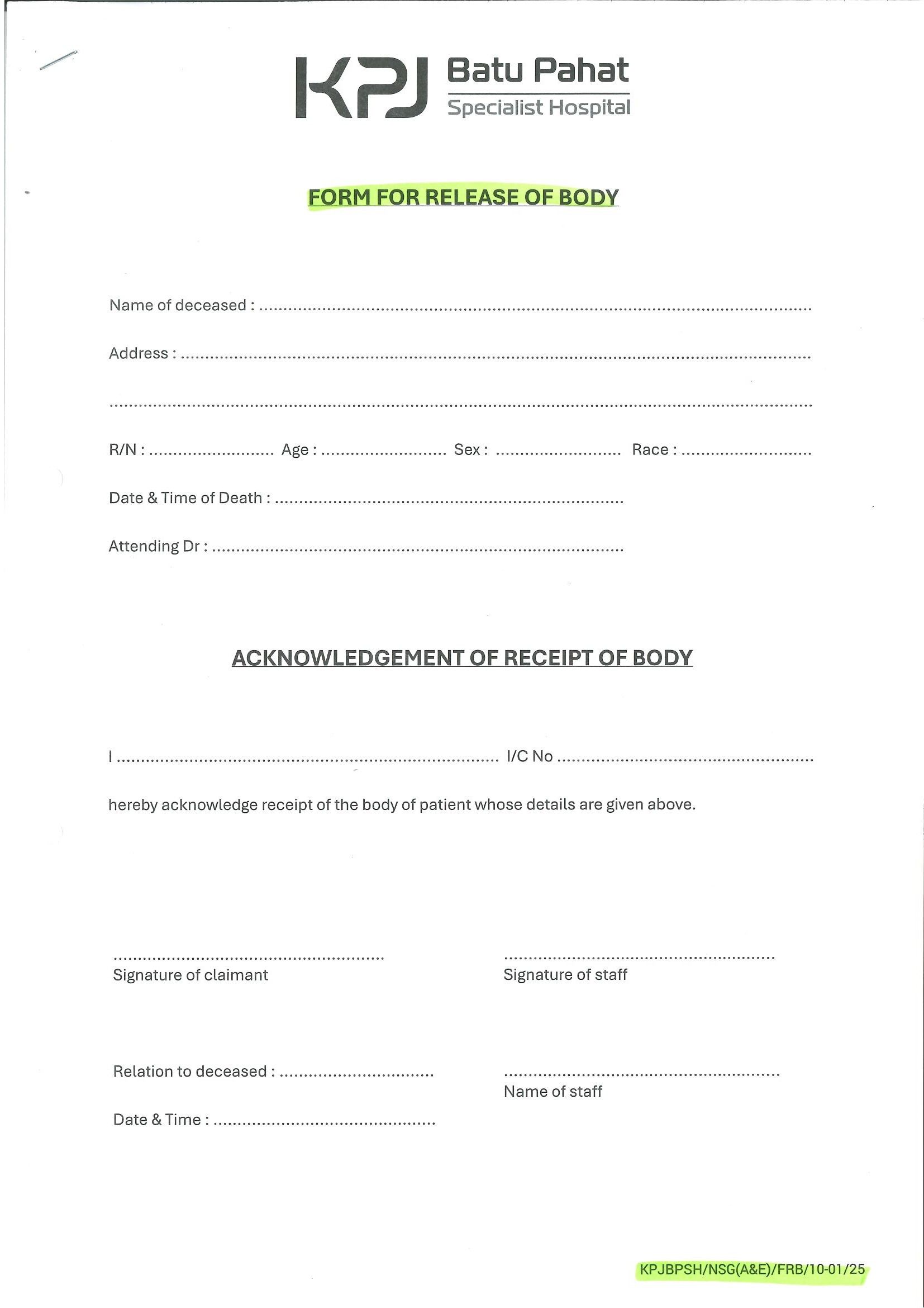 Form For Release Of Body