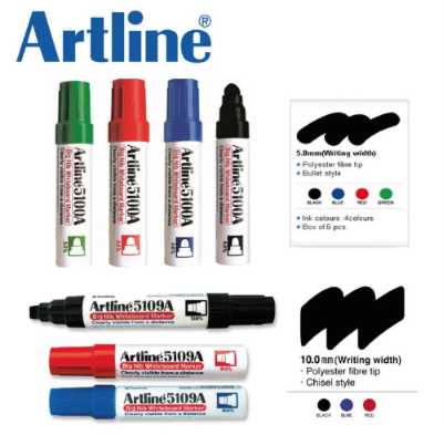 Artline 5100A / 5109A Whiteboard Marker Box Set (6pcs) – Big Nib 5.0mm / 10.0mm | 4 Colours | Refillable 5100A - Black