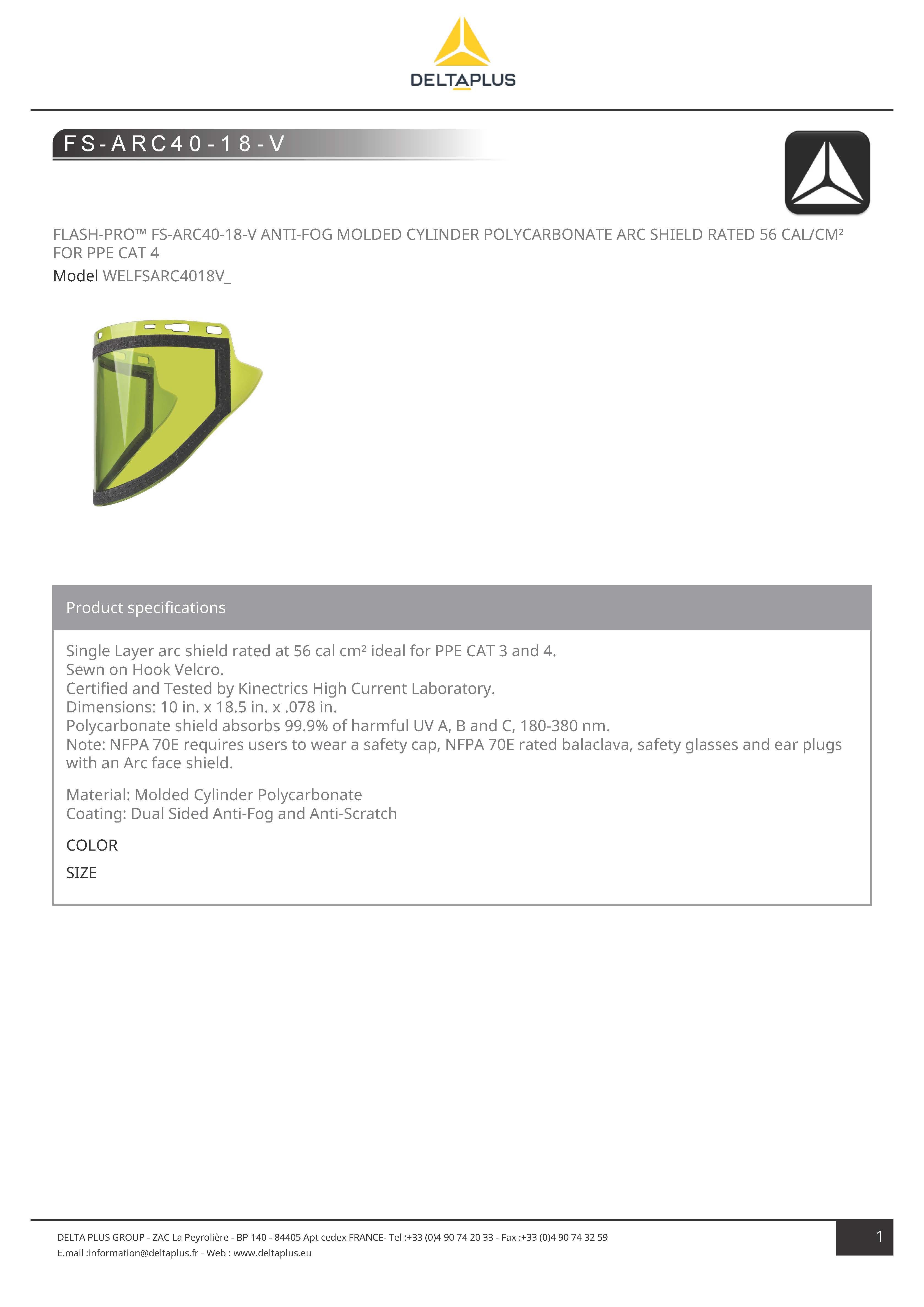 DELTAPLUS ARC FLASH FACE SHIELD 56 CAL/CM2 (MODEL : FS-ARC 40-18-V)