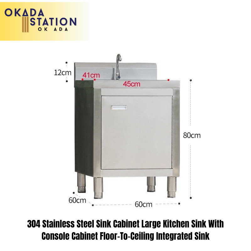 304 Stainless Steel/ Sink Cabinet / Large Kitchen Sink / With Console Cabinet / Floor-To-Ceiling Integrated Sink / ( 0.7mm ) L60 X W60 X H 80