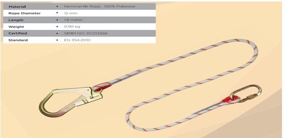 Safety Kernmantle Lanyard 1.8m With Large Hook & 1pc Carabiner
