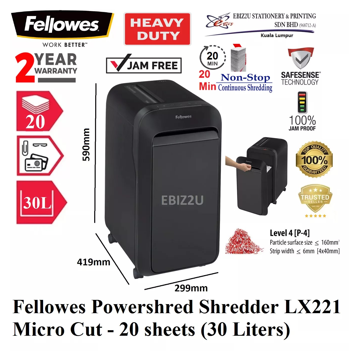 Fellowes Powershred Shredder LX221 (Micro Cut- 2 x 12mm) - 20 sheets (30 Liters) (20 mins Non Stop, Micro Cut, Paper Shredder, Shredder Machine, Office Shredder, Heavy Duty Shredder, Mesin Penghancur Kertas)