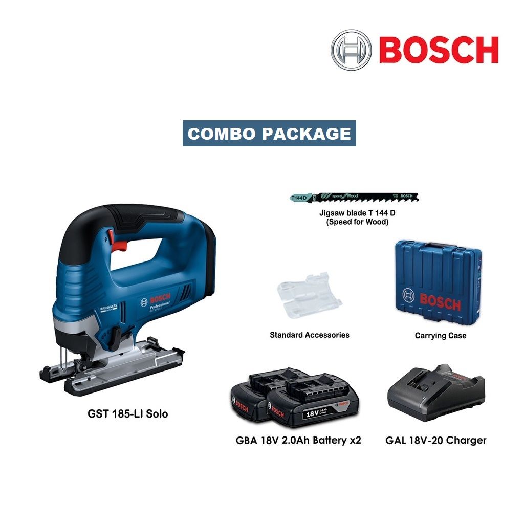 Genuine Bosch Malaysia Warranty - Bosch GST185-LI Professional Cordless Jigsaw Brushless Motor (Combo package) with 2 nos Battery & Charger