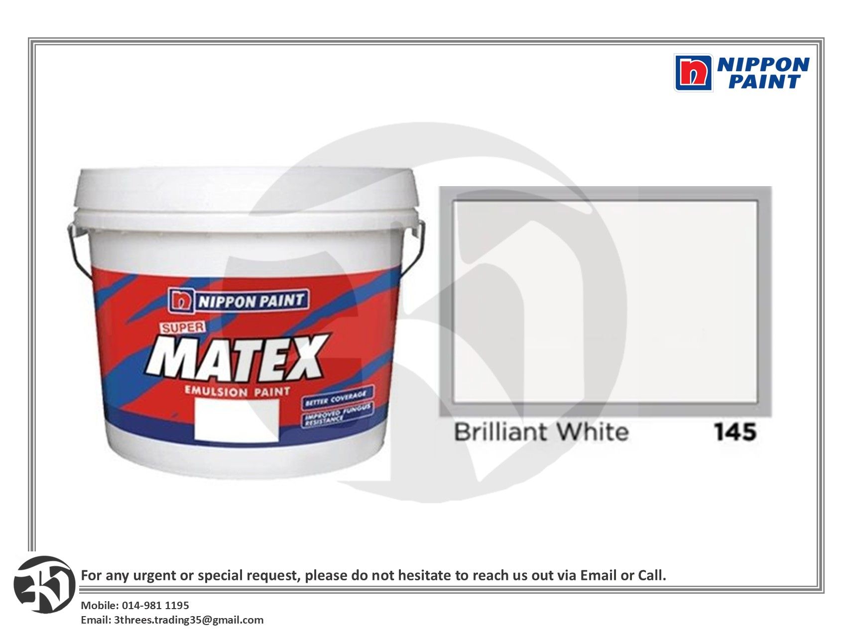 Nippon Paint Super Matex Emulsion Interior Wall & Ceiling Paint 145 Brilliant White 7L/18L