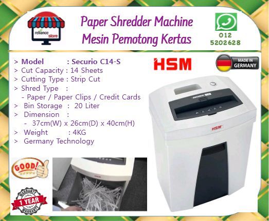 HSM Paper Shredder Machine - Securio C14-S / Mesin Pemotong Kertas / Mesin Perincih # 14 Sheets # A4 Paper # Cutting Media Paper Clips & Credit Cards # RS1214 ( KTT : 1 Unit )