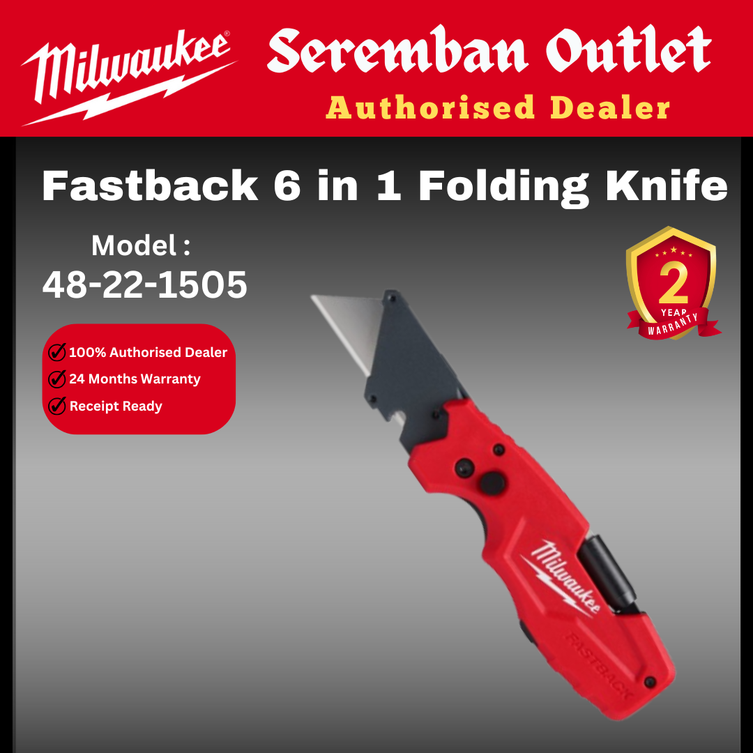 Milwaukee 6 in 1 Fastback Folding Knife / 48-22-1505 / Camping Knife / Hiking Knife / Pisau Lipat