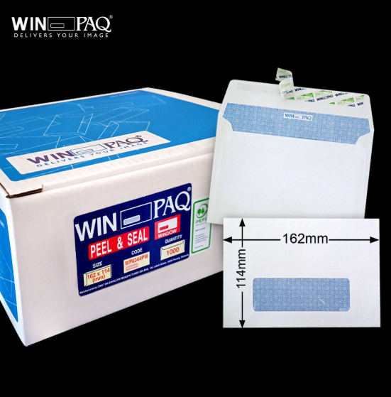 WINPAQ 6.375"X4.5" WINPAQ 100GM WHITE OPAQUE WINDOW P&S WALLET ENVELOPE (1,000'S/BOX)