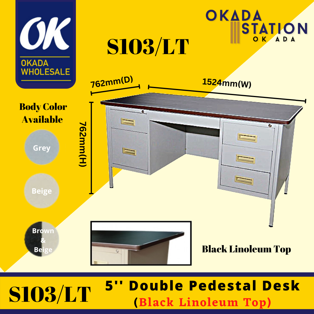 S103/LT 5'' Double Pedestal Desk (Black Linoleum Top) / Double Pedestal Desk / Pedestal Desk / Double Pedestal Table / Metal Table / Table With Drawer / Steel Table / Table