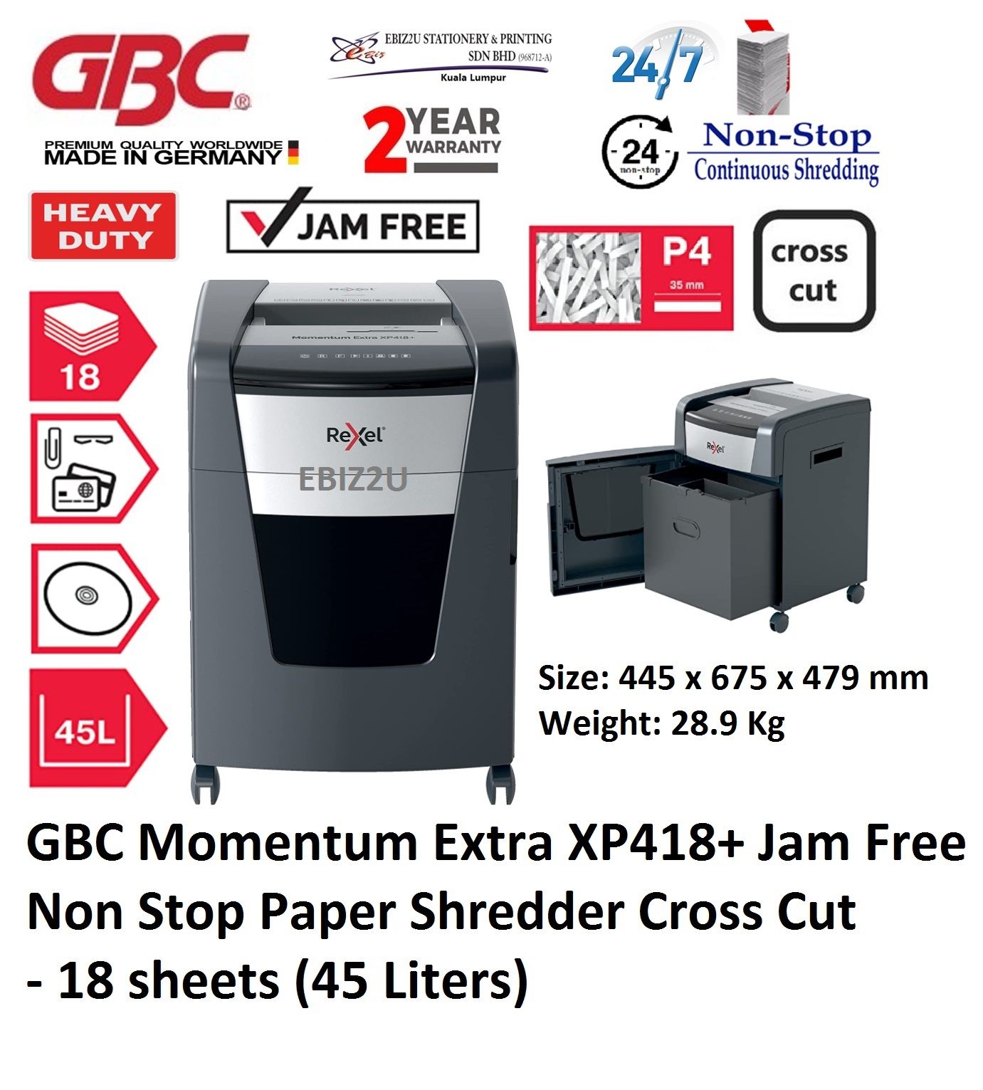 GBC Momentum Extra XP418+ Jam Free Cross Cut Paper Shredder (Non Stop) Paper Shredder Cross Cut - 18 sheets (45 Liters) (Non Stop Paper Shredder, Shredder Machine, A4 Paper Shredder, Office Shredder, Mesin Penghancur Kertas, Heavy Duty Shredder, Heav